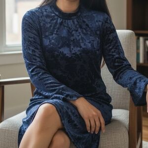 Blue Velvet Burnout Whimsigoth Long Sleeve Mock Neck Trapeze Dress 14W